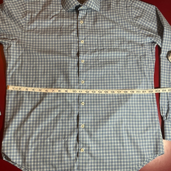 Peter Millar Mens L Plaid Dress Shirt Blue Tan Check 100% Cotton Button Down top - Picture 5 of 14